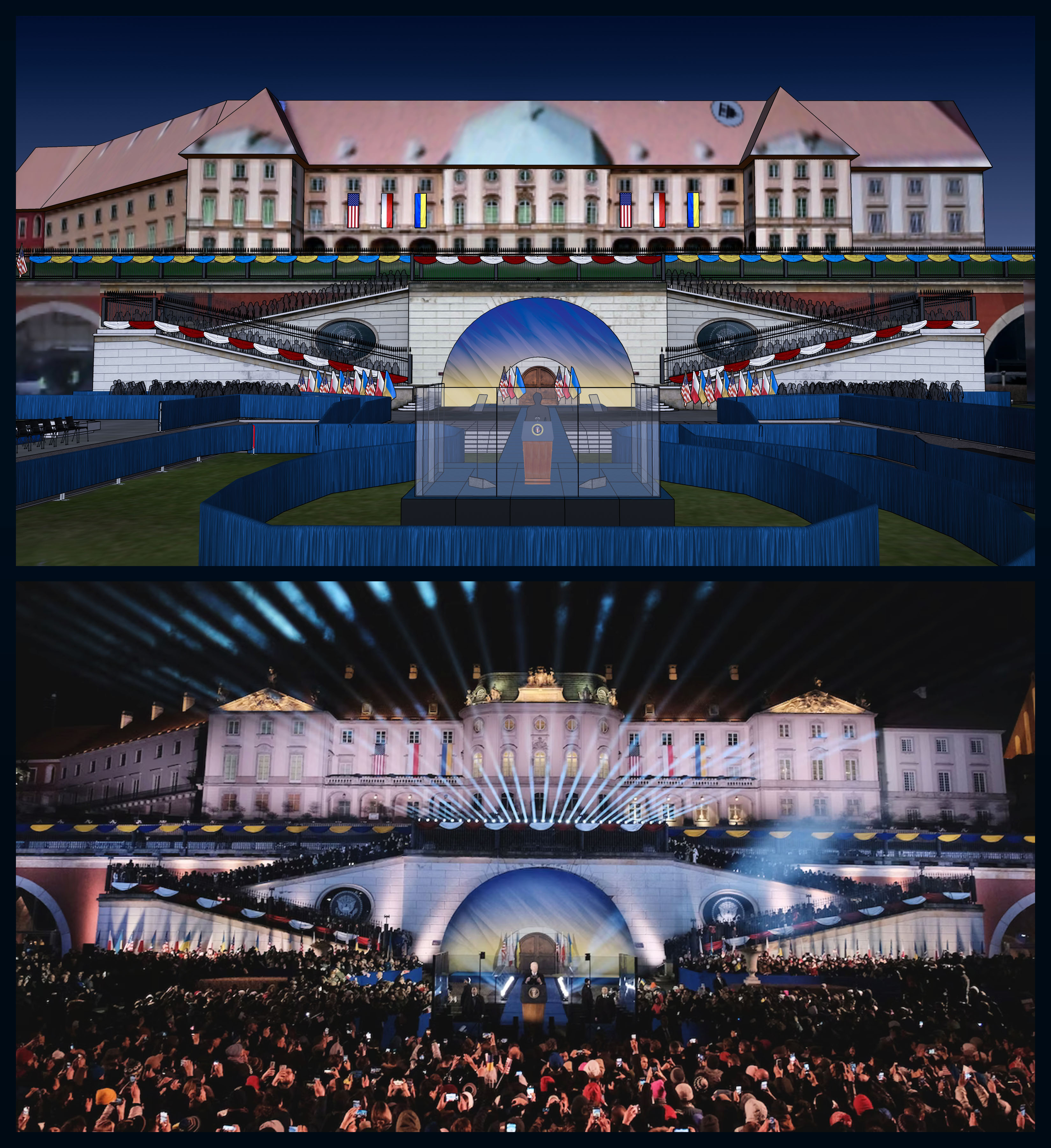 A diptych of a model and a photo of Joe Biden's speech at the Warsaw Royal Castle that perfectly match each other